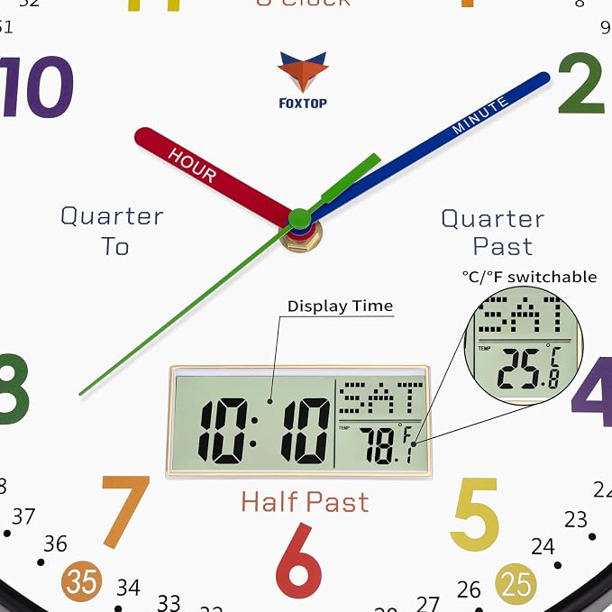 Foxtop Digital and Analog Learning Clock for Kids - Telling Time Teaching Clock 12 Inch Silent Non-Ticking Battery Operated Kids Wall Clock for Kids Room Playroom Nursery Classroom School (Black) - Image 5