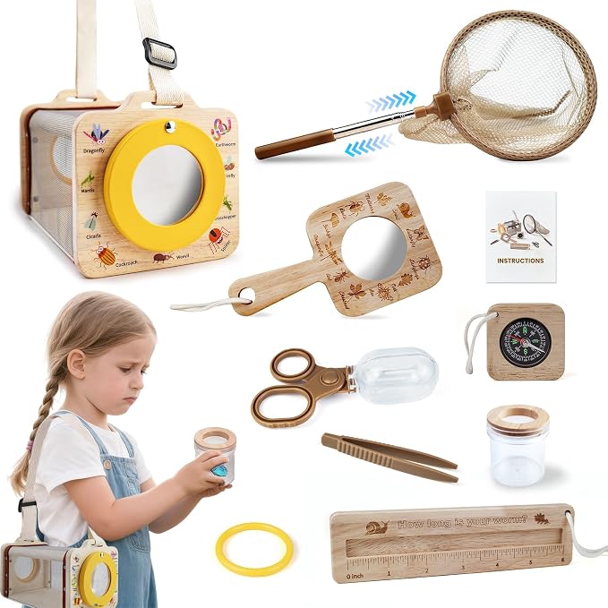 Wooden Insect Observation Kit for Kids,10Pcs Outdoor Nature Explorer Set, Insect Habitat Cage,Butterfly Net,Magnifying Glass,Compass STEM Education Toy, Birthday Backyard Gift for 3+ Boys & Girls by OKKIC