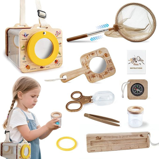 Wooden Insect Observation Kit for Kids,10Pcs Outdoor Nature Explorer Set, Insect Habitat Cage,Butterfly Net,Magnifying Glass,Compass STEM Education Toy, Birthday Backyard Gift for 3+ Boys & Girls by OKKIC