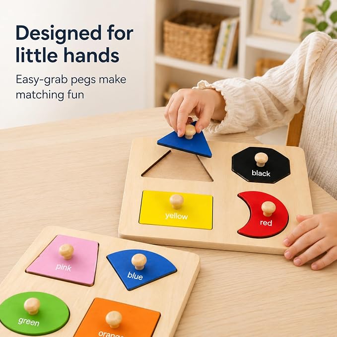 Wooden Shape Color Sorting Puzzle Toys for Toddlers, 4 Pack Montessori Peg Puzzles for Ages 2-4, Preschool Learning Toys for Shape Recognition, Fine Motor Skills, Gifts for Kids Boys Girls 1 2 3 4 - Image 6