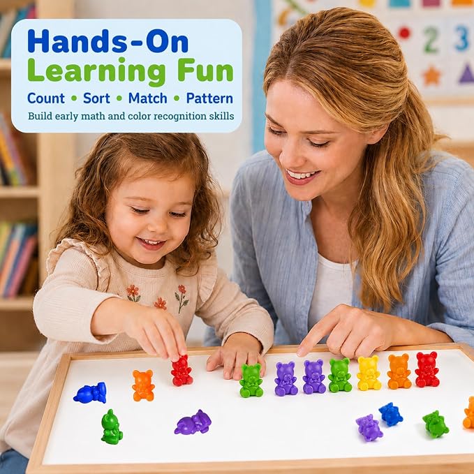 XINHUIDALSQ Rainbow Counting Bears Set of 200, 10 Colors Sorting Teddy Plastic Bears Math Manipulatives for Toddlers, 1 Inch Bear Conters Ages 3+ Kids - Image 8