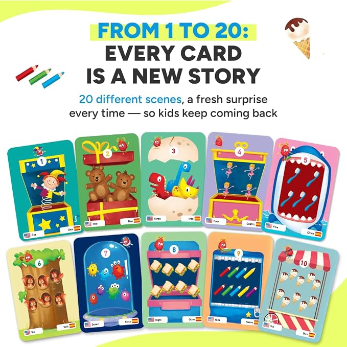 KIDROX Count to 20 Flashcards – Open & Discover Hidden Surprises! Learn Numbers 1–20 in English & Spanish with Marji | 20 Fold-Out Cards | Fun Counting Game for Kids 3+ - Image 5