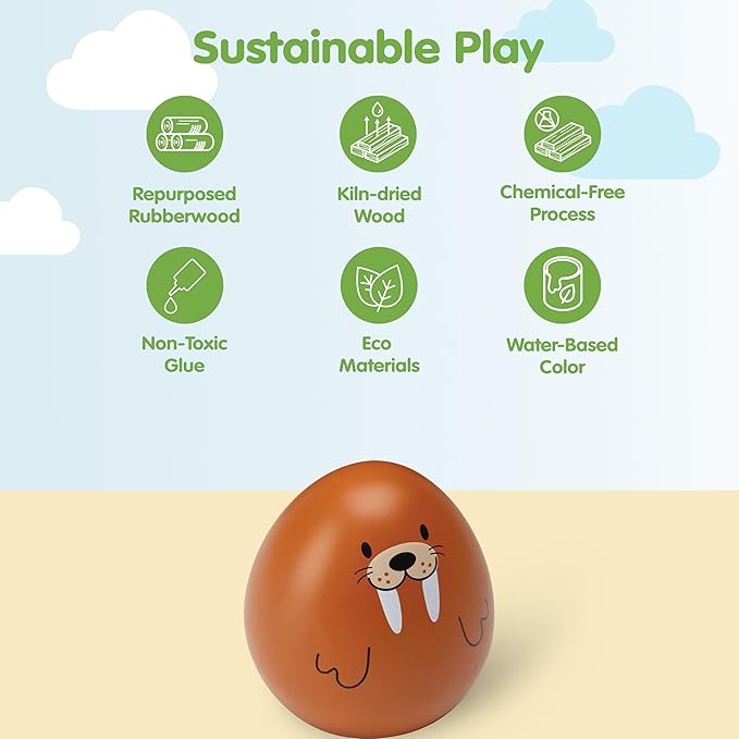 PlanToys® Walrus Wobbler Wooden Sensory Toy for Tactile Exploration & Coordination | Montessori Balance & Cause-and-Effect Activity | Eco-Friendly Educational Toy