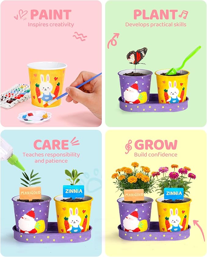YAUNGEL Paint & Plant Flower Kids Gardening Set, Arts and Crafts for Kids Ages 8-12 Plant Growing Kit with 4 Pots, Christmas Birthday Gifts for Girls & Boys Children