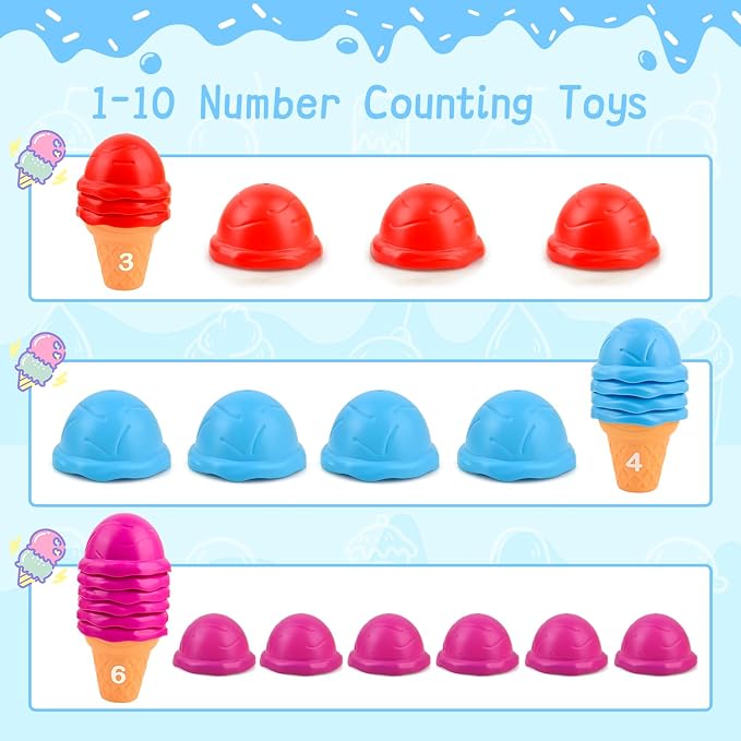 Ice Cream Counting and Color Sorting Stacking Toys for Kids Boys Girls Age 3-5,Montessori Preschool Kindergarten Learning Activities Fine Motor Skill Toys, Number Math Games Learning Toy Gifts - Image 4
