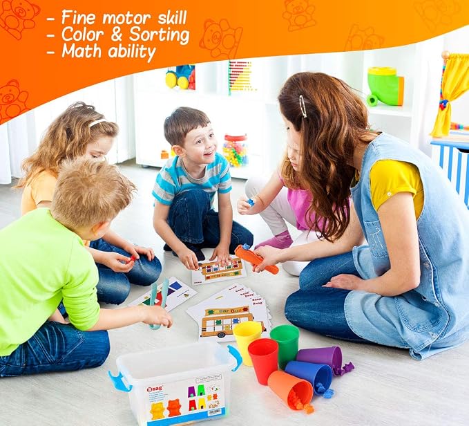 Bmag Counting Bears with Matching Sorting Cups,Pre-School Math Learning Games with 2 Dices,Color Recognition STEM Educational Toy for Toddler Bonus Tweezers, Storage Box, Activity Cards - Image 2