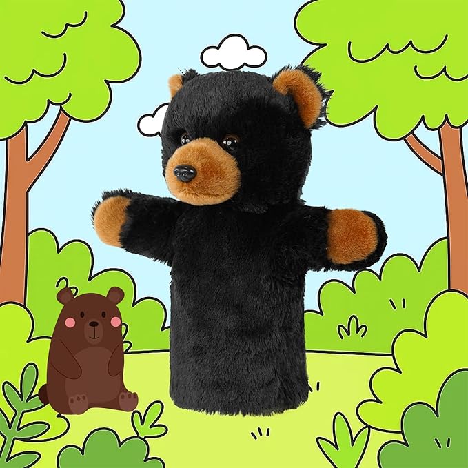 Plush Hand Puppet Toddler Sensory Learning Toy Washable Preschool Classroom Activity Supplies Creative Imaginative Play Stuffed Animal Gift Black Bear