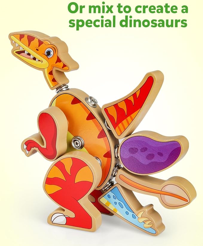 Coogam Dinosaur Snap Together Building Toys, Wooden Take Apart Dinosaur Playset, STEM Montessori Educational Fine Motor Skill Toy Gift for 3 4 5 Years Old Kids - Image 3
