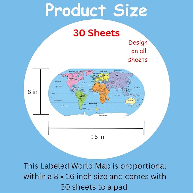 SHAPES ETC. 8" x 16" World Practice Maps Pad, Labeled, Blue, 30 Sheets - Image 2