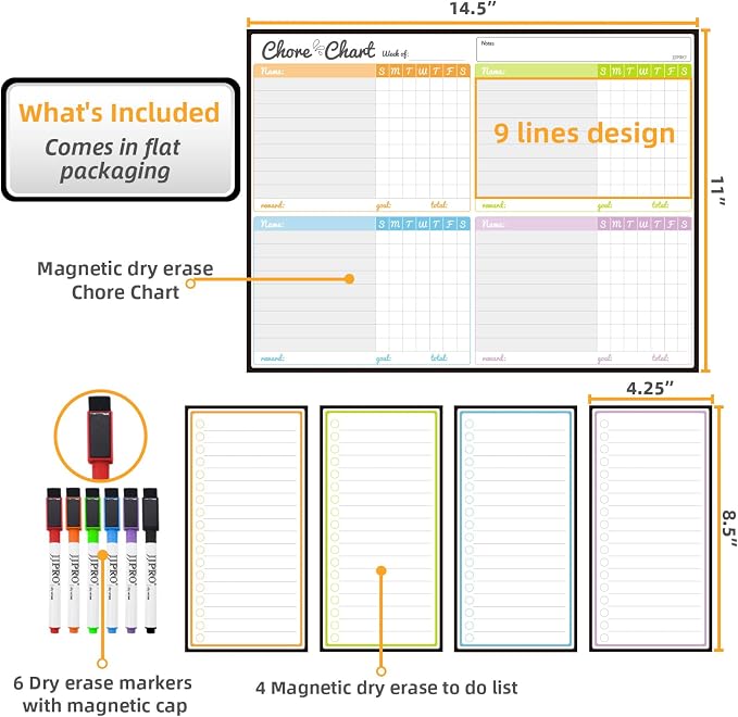JJPRO Magnetic Dry Erase Chore Chart for Fridge-14.5"x11" Chore Chart for Multiple Kids & Adults, 4 to Do Lists for Refrigerator -Dry Erase Chore Board -Behavior Chart for Multiple Kids - Image 2