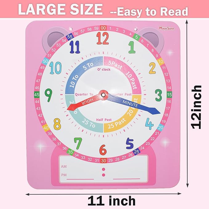 Teaching Clocks for Kids, Large Magnetic Writable Dry Erase Learning Clock with Pen,12" Teaching Demonstration Clock Learning Time to Tell Time for Kids Home School Classroom Supplies-Pink - Image 4
