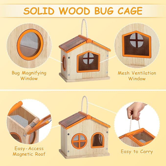 SainSmart Jr. Bug Catcher for Kids - Wooden Bug Habitat with Magnified Viewer, Butterfly Net, Observation Box, Tweezers & 15 Cards, Outdoor Toys & STEM Toys for Boys & Girls Ages 3+, Orange - Image 3