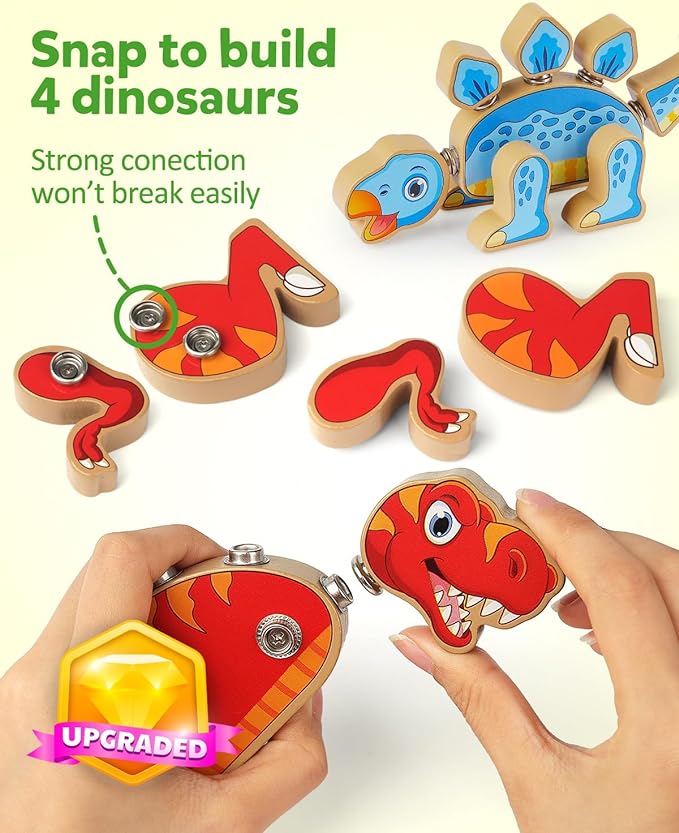 Coogam Dinosaur Snap Together Building Toys, Wooden Take Apart Dinosaur Playset, STEM Montessori Educational Fine Motor Skill Toy Gift for 3 4 5 Years Old Kids - Image 2