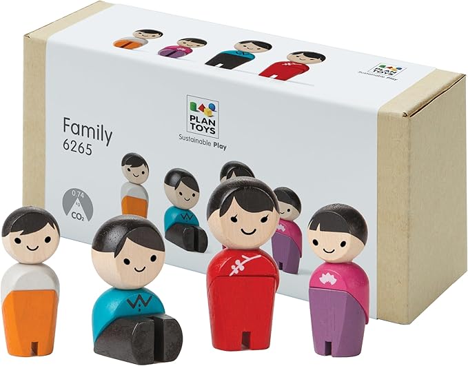 PlanToys® PlanWorld Family Set | 4 Wooden Poseable Figures for PlanCity & PlanWorld Playsets | Montessori Pretend Play Family with Flexible Arms & Legs | Eco-Friendly Sustainable Wooden Toy for Kids