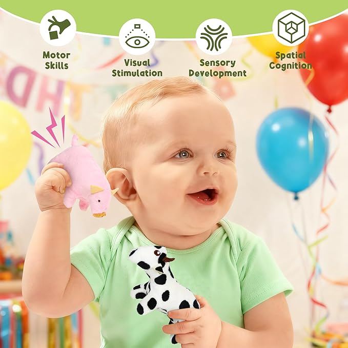 Baby Toys 6-12 Months - Montessori Sensory Farm Set - Soft Stuffed Animals with Rattle Squeak Safe Mirror - On-The-Go Toddler 1-3 Year Old Boy Girl Birthday Gifts (White)