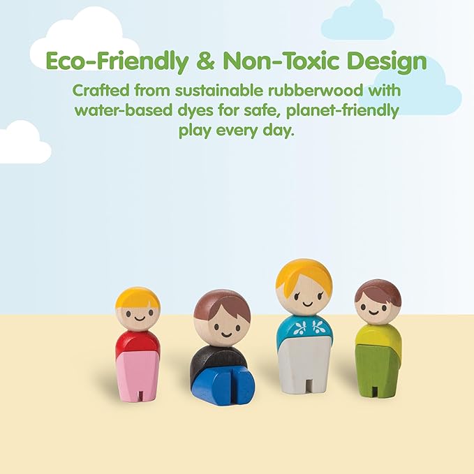 PlanToys® PlanWorld Family Set | 4 Wooden Poseable Figures for PlanCity & PlanWorld Playsets | Montessori Pretend Play Family with Flexible Arms & Legs | Eco-Friendly Sustainable Wooden Toy for Kids