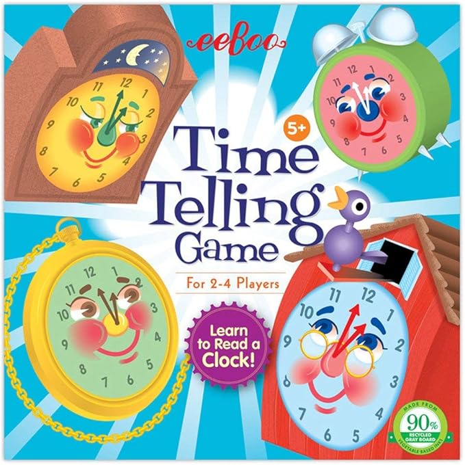 eeBoo: Time Telling Game, Learn to Read a Clock, 50 Game Cards with 4 Clocks and Score Pad, for 2-4 Players, Ages 5 and up by eeBoo