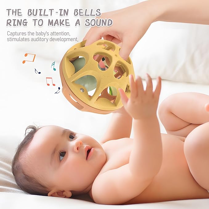 Baby Rattle Ball, Baby Teething Sensory Montessori Toys Soft Chew Toy with Rattles for Babies, Safe Wheat Straw Travel Toys Newborn Gift for Infant Boys Girls 3 6 7 8 9 10 11 12 Months