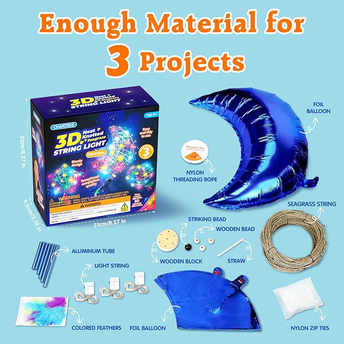 CHARTEKS 3D String Light Craft Kit for Kids, String Art Kit with LED Bulbs and Wind Chime, Arts and Crafts Set, Birthday Gifts for Girls Boys Ages 8+ (Original, Seagrass String)