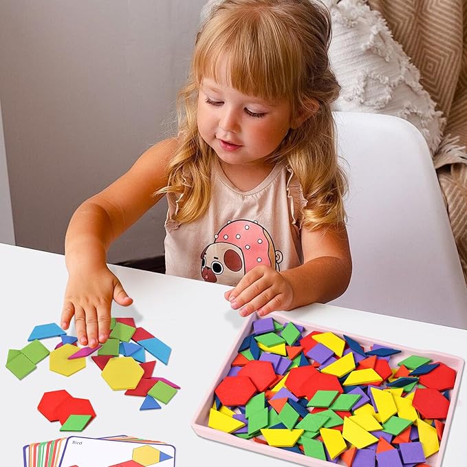 3 otters Wooden Pattern Blocks Shapes for Kids, Geometric Tangram Puzzle with Activity Cards, 150 PCS Educational Toy (Pack of 2) - Image 2