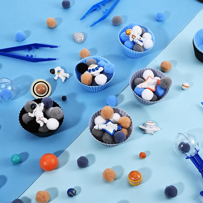 Sanixn 152 Pcs Space Sensory Bin Fillers Outer Space Fine Motor Skills Astronauts Sensory Bin Item Pompoms Cups Tweezers Scissor Clips for Preschool Education Activities Sorting Counting(Space) - Image 4