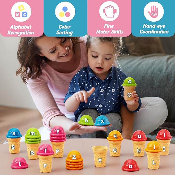Aizweb Ice Cream Alphabet Learning Toys,Color Sorting Matching Letter Game for Toddlers,Stacking Montessori Preschool Kindergarten Learning Activities,Educational ABC Fine Motor Skills Toys - Image 7