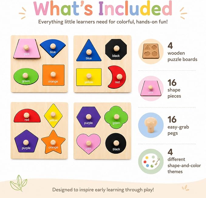 Wooden Shape Color Sorting Puzzle Toys for Toddlers, 4 Pack Montessori Peg Puzzles for Ages 2-4, Preschool Learning Toys for Shape Recognition, Fine Motor Skills, Gifts for Kids Boys Girls 1 2 3 4 - Image 3