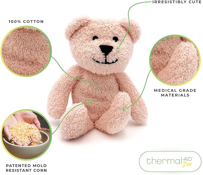 Thermal-Aid Zoo Mini — (Bella The Pink Bear) — Mold-Resistant, Washable Hot & Cold Pack for Kids — Heating and Cooling Pad with Natural Corn Filling — Reusable Plush Toy