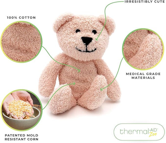 Thermal-Aid Zoo Mini — (Bella The Pink Bear) — Mold-Resistant, Washable Hot & Cold Pack for Kids — Heating and Cooling Pad with Natural Corn Filling — Reusable Plush Toy