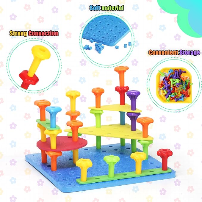 Ggiibro Peg Board Toy Set 101Pcs DIY Building Stacking Toys for Kids 3-6 Years Old,STEM Educational Kids Toy for Brain Development,Montessori Sensory Toys,Plastic Lacing String Game - Image 6