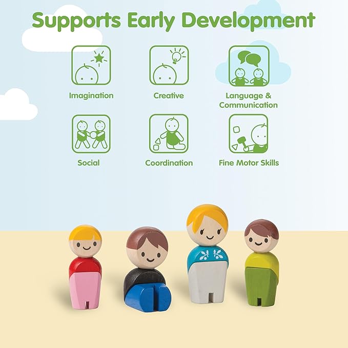 PlanToys® PlanWorld Family Set | 4 Wooden Poseable Figures for PlanCity & PlanWorld Playsets | Montessori Pretend Play Family with Flexible Arms & Legs | Eco-Friendly Sustainable Wooden Toy for Kids