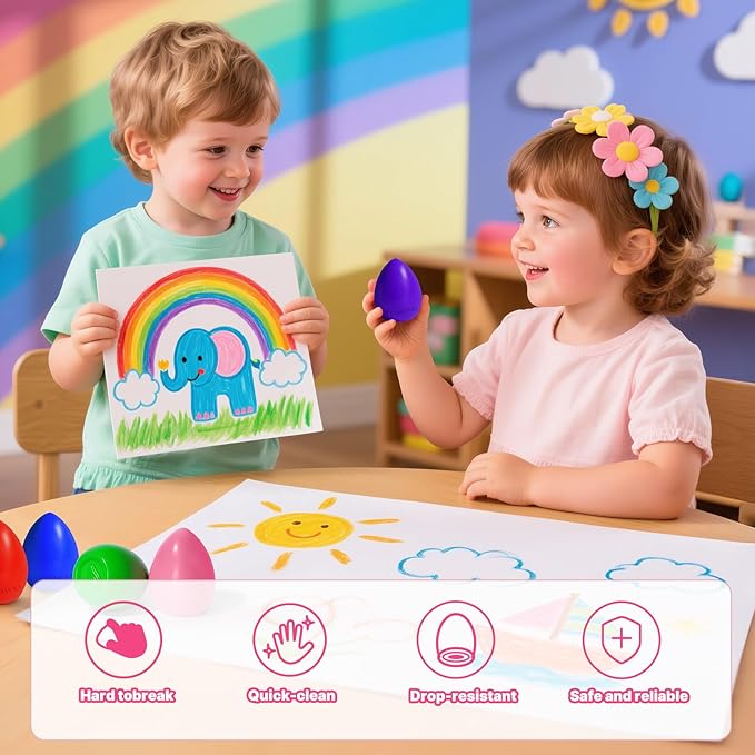 Egg Crayons for Toddlers 1-3, 8 Pack Jumbo Palm Grasp Crayons with Anti-Roll Flat Bottom & Fruit Patterns - Washable, Non-Toxic & Unbreakable Art Supplies for Kids, Gift for Boys & Girls