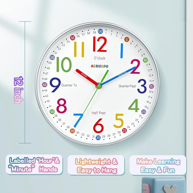 AIRUIFU Wall Clock for Kids Learning to Tell Time, 12 Inch Silent Analog Clock for Kids Room Decor/Bedroom/Classroom/Playroom, Colorful Teaching Clock Helps Kids Easier to Tell Time - Image 5