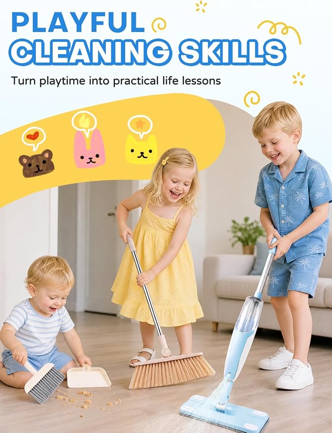 Kids Cleaning Toy Set,Blue Spray Mop Montessori Toys-Kids Cleaning Toy Set,Mini Spray Mop Montessori Toys Spray Mop & Kids Broom Dustpan Set Cleaning Toys Gift for Toddlers Girls Boys Age 3+ - Image 4
