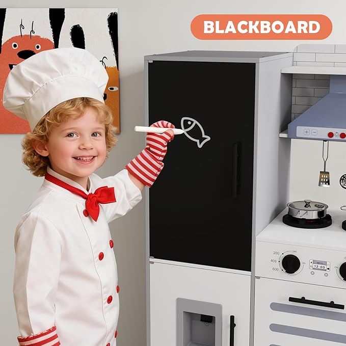 JOYDIAS Kids Play Kitchen Set, Pretend Wooden Kid Kitchen Playset Toy Kitchen w/Sound and Light, Running Water, Oven, Ice Maker, Blackboard & Recycling Bin, Toddler Kitchen for Kids Ages 3+