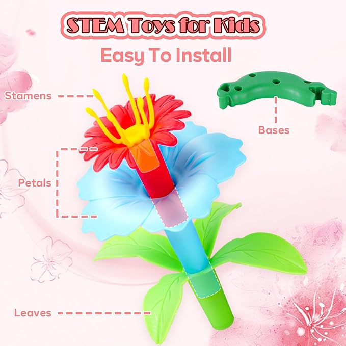 FUNZBO 138pcs Flower Garden Building Set - Christmas Spring Toys for 3 4 5 6 7 Years Old Girl, Sorting & Stacking Building Block, STEM Montessori Educational Toy for Kid Toddler Birthday Gift