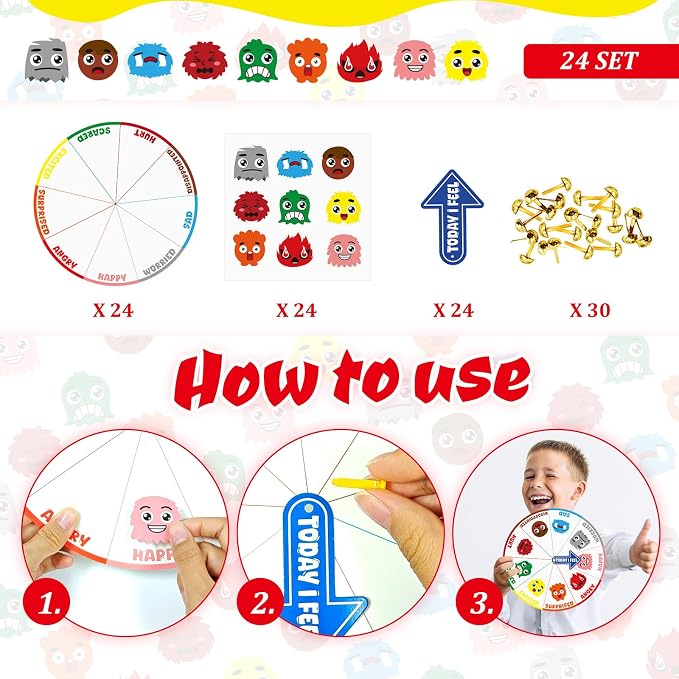 Cinrobiye 24 Set Social Emotional Learning Activities Skills Explore Emotions Wheel with Faces Emotion Matching Cards Feelings Wheel for Preschool Counseling Office Must Haves Therapy Game (Wheel) - Image 3