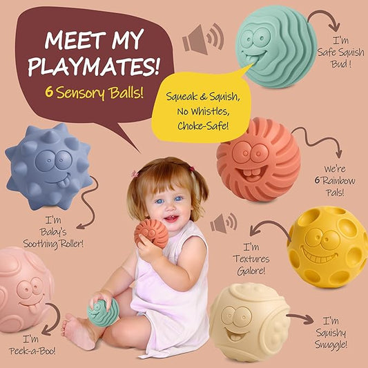 6PCS Sensory Balls for Baby, Soft Textured Balls for Infants & Toddlers 6-12 Months, Colorful Infant Ball Toys for Tummy Time & Learning, Montessori Gift for Baby Boys & Girls