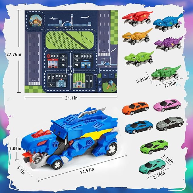 Dinosaur Toys Car for Kids 3-8 Year Old Boy Gift, Toddler Toys for 3 4 5 6 Years Old Boys & Girls Transport Dino Truck with 12 mini Cars & City Map Birthday for Kids