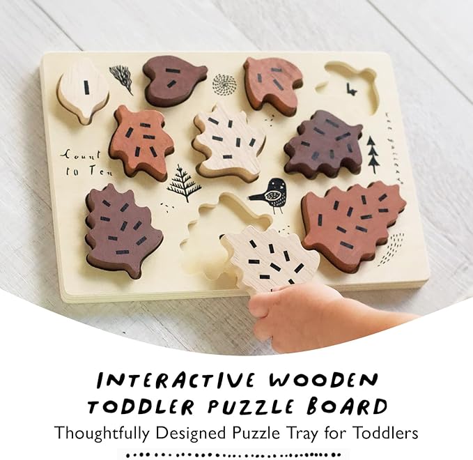 Wee Gallery Wooden Tray Puzzle Count to Ten Leaves, Montessori Toy for Toddlers and Preschoolers for Early Learning and Fine Motor Skill Development, Sustainable Educational Puzzle for Kids