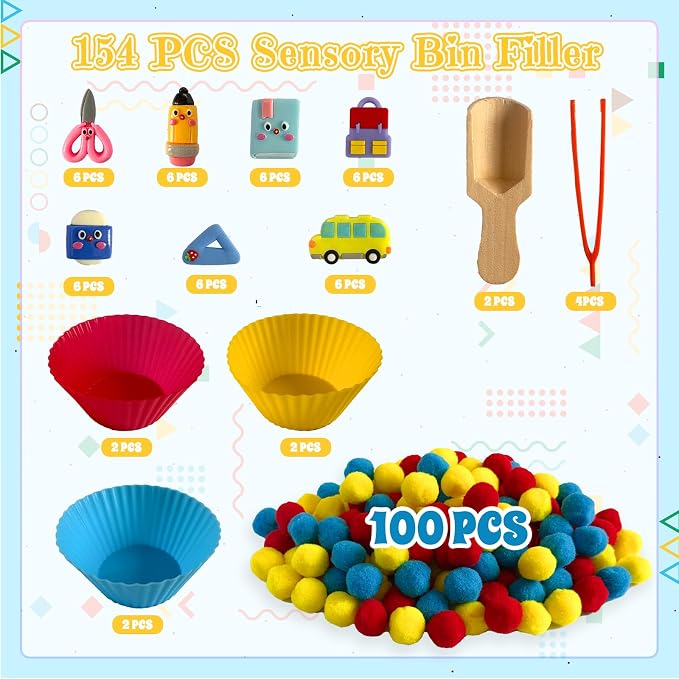 154Pcs Back to School Sensory Bin Filler Fine Motor Toys Stationery Sensory Bin Items Counting Sorting Toy for Preschool Education Activities Include Pom Poms Pen Scissors Notebooks Cup - Image 3