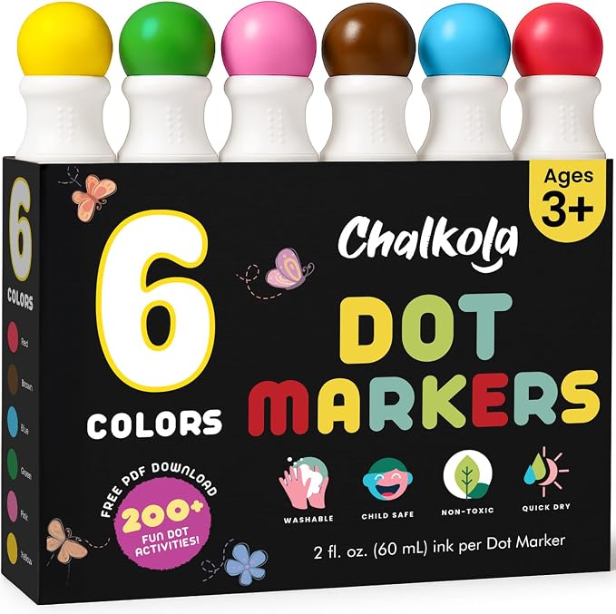 Chalkola 6 Washable Dot Markers for Toddlers 1-3, Non Toxic Kids Art Supply by Chalkola