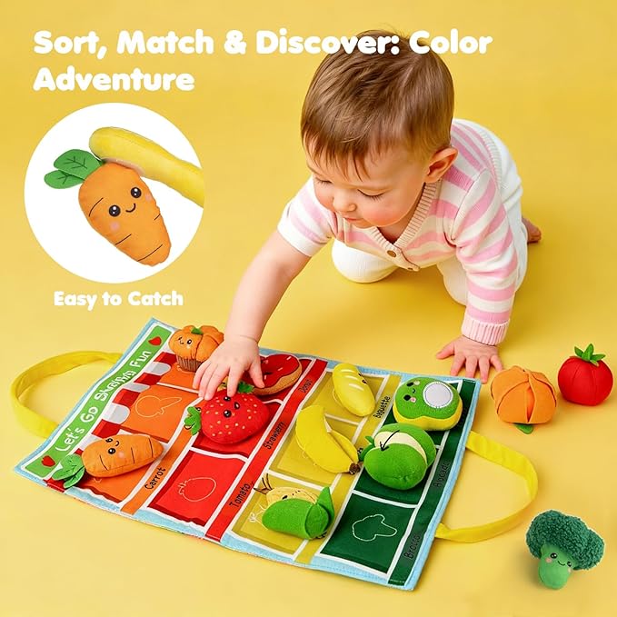 Montessori Baby Toys for 6-12-18 Months - My First Shopping Trip Baby Sensory Toys with Color Sorting Play Food, Crinkle & Rattle, Fine Motor Learning Toddler Toys for 1-2 Year Old Boy Girl Gifts