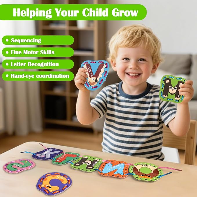 Vodolo 26 Pieces Lacing Cards Travel Sewing Kit for Kids, Letters Sequencing Threading Toy, Double Sided Fine Motor Skills Learning Toys, Classroom Supplies - Image 3