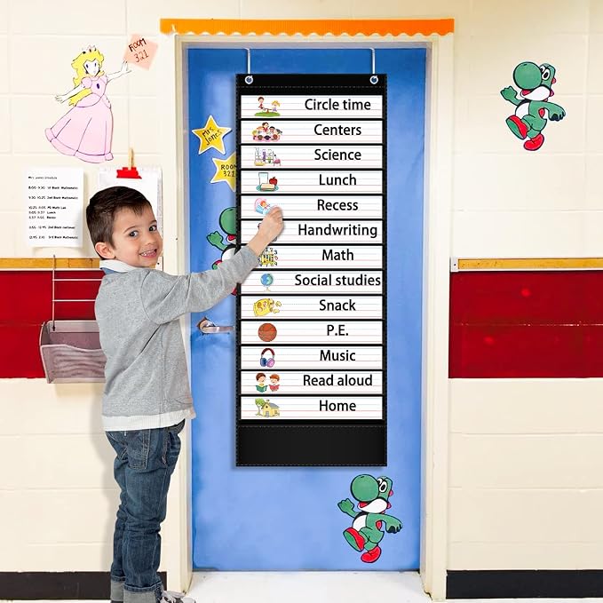 AKAYOK Daily Schedule Pocket Chart — 13+1 Pocket Visual Schedule for Kids, Includes 18 Double-Sided Blank Reusable Dry-Erase Cards, Daily Planner with Hourly Schedule for Classroom, Office, Home, School Activities (Black) - Image 4