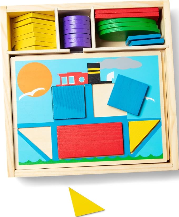 Melissa & Doug Beginner Wooden Pattern Blocks Educational Toy with 5 Double-Sided Scenes and 30 Shapes Puzzles for Kids 3+ by Unknown