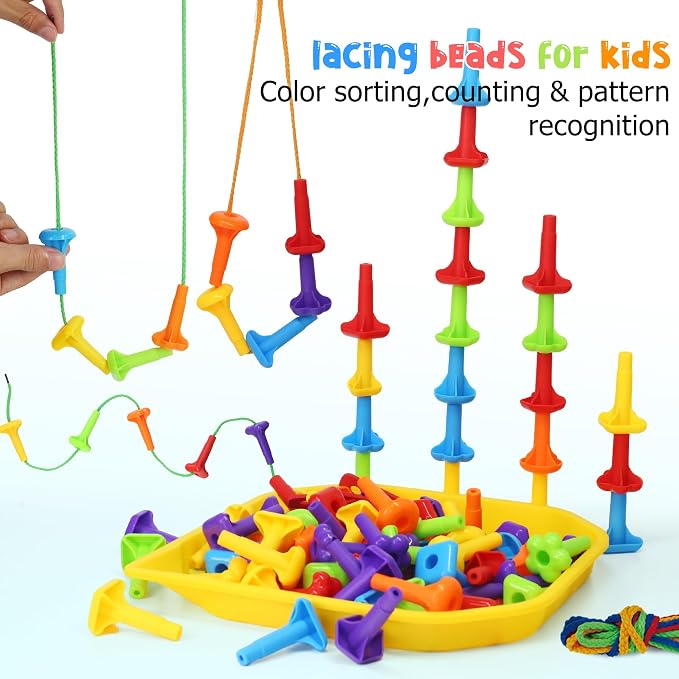 Ggiibro Peg Board Toy Set 101Pcs DIY Building Stacking Toys for Kids 3-6 Years Old,STEM Educational Kids Toy for Brain Development,Montessori Sensory Toys,Plastic Lacing String Game - Image 2