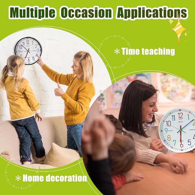 Learning Clock for Kids, 10'' Silent Non-Ticking Teaching to Tell Time Colorful Wall Clocks for Children's Room Bedroom Classroom Home Decor, Gifts for Christmas Birthday (Black) - Image 5