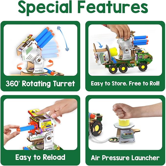 Smartivity DIY Military Vehicle for Kids | Missile Truck with Rotating Launcher | Best Birthday Gift for Boys&Girls | STEM Educational Toy with Air-Powered Missiles for 8,9,10,11,12,13,14 Years