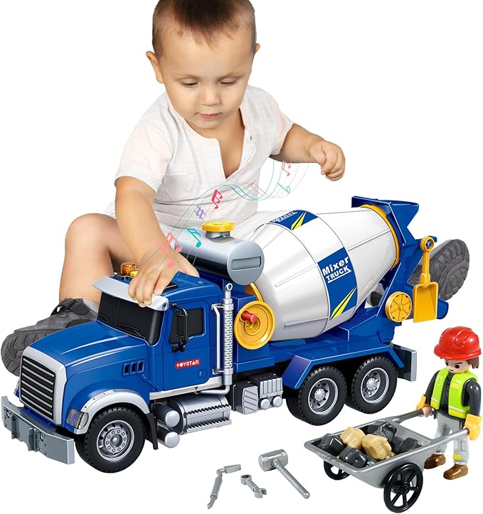 Friction Powered Cement Mixer Truck Toy for Kids with Lights & Sounds, Large Construction Vehicle for Boys Girls Ages 3 4 5 6 7 Years Old